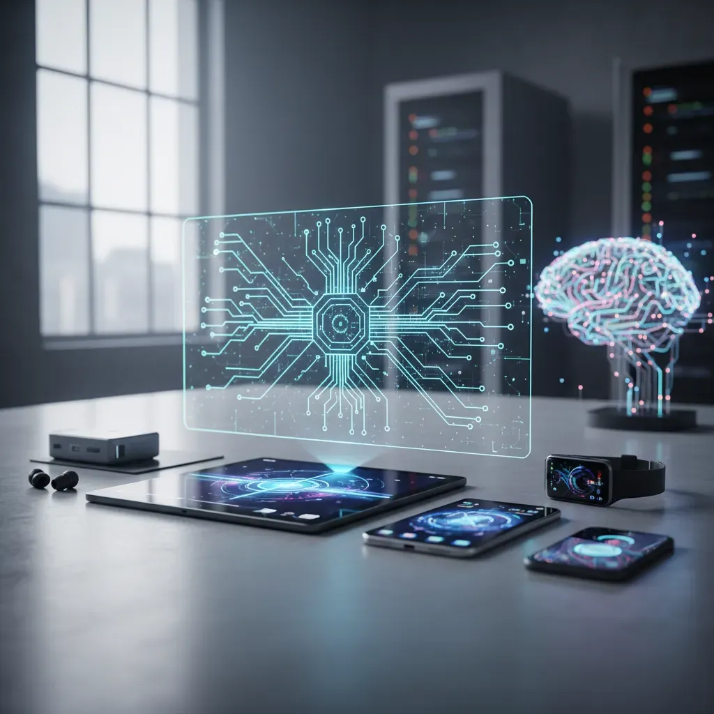 Nowoczesne urządzenia elektroniczne i gadżety na eleganckim, minimalistycznym tle, symbolizujące innowacje technologiczne i cyfryzację.
