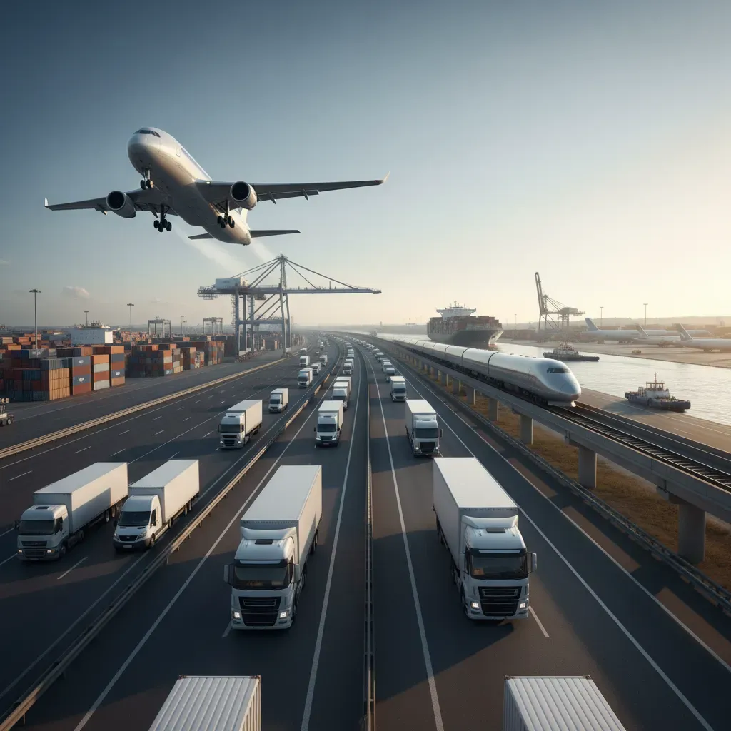 Realistyczne zdjęcie nowoczesnej ciężarówki na drodze, logistyka i transport towarów, czysta kompozycja bez napisów.