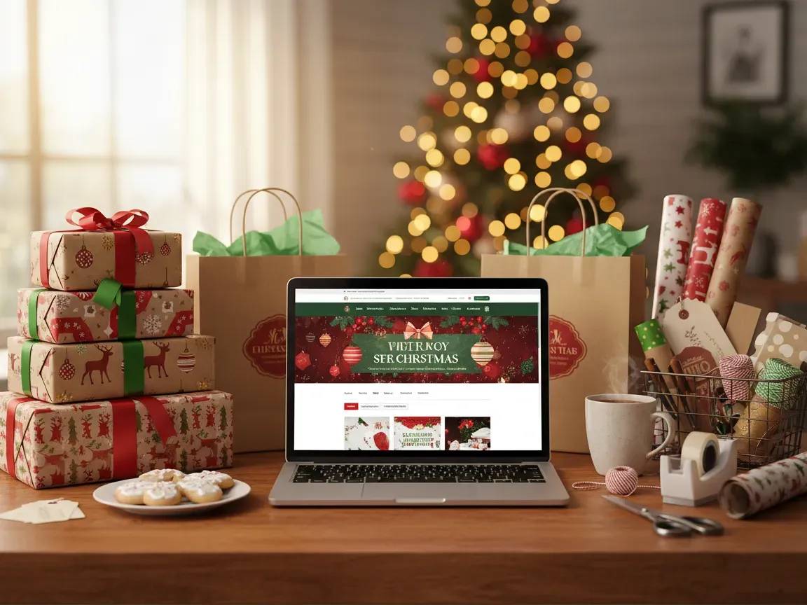 Poziome zdjęcie świątecznego biura e-commerce: drewniane biurko z laptopem, ozdobne kartonowe prezenty z wstążkami, ciepłe bożo w tle.